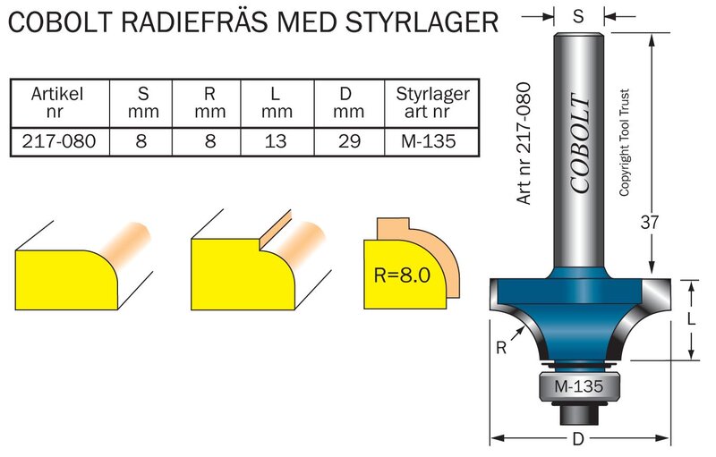 Cobolt HM-avrundingsfres R=8,0 m kul.l