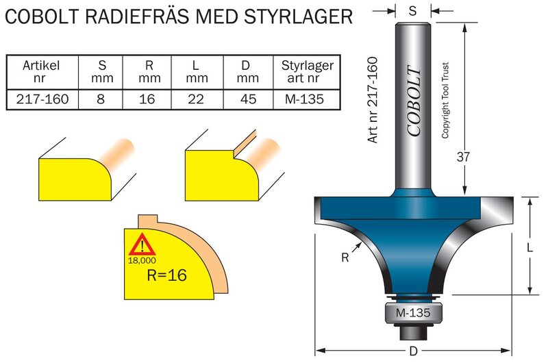 Cobolt HM-avrundingsfres R=16,0 m kul.l