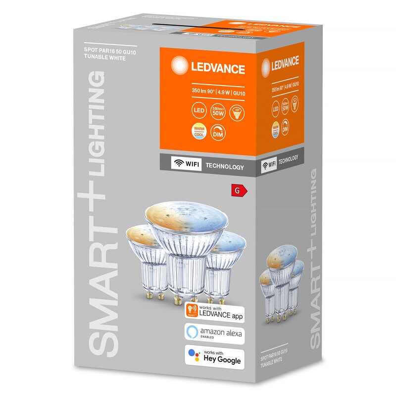 Ledvance LED-lampe, smart Wi Fi, PAR16, Spot GU10, dimbar, 4,9 W, 3-pakning